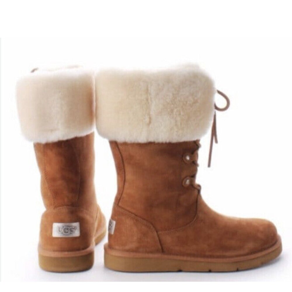 UGG | Australia Montclair Cuffed‎ Suede Sheepskin Lace-Up Boots in Chestnut - Picture 2 of 10